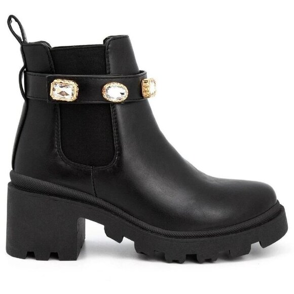 Sugar Womens Favorite Faux Leather Rhinestones Booties - Picture 2 of 3